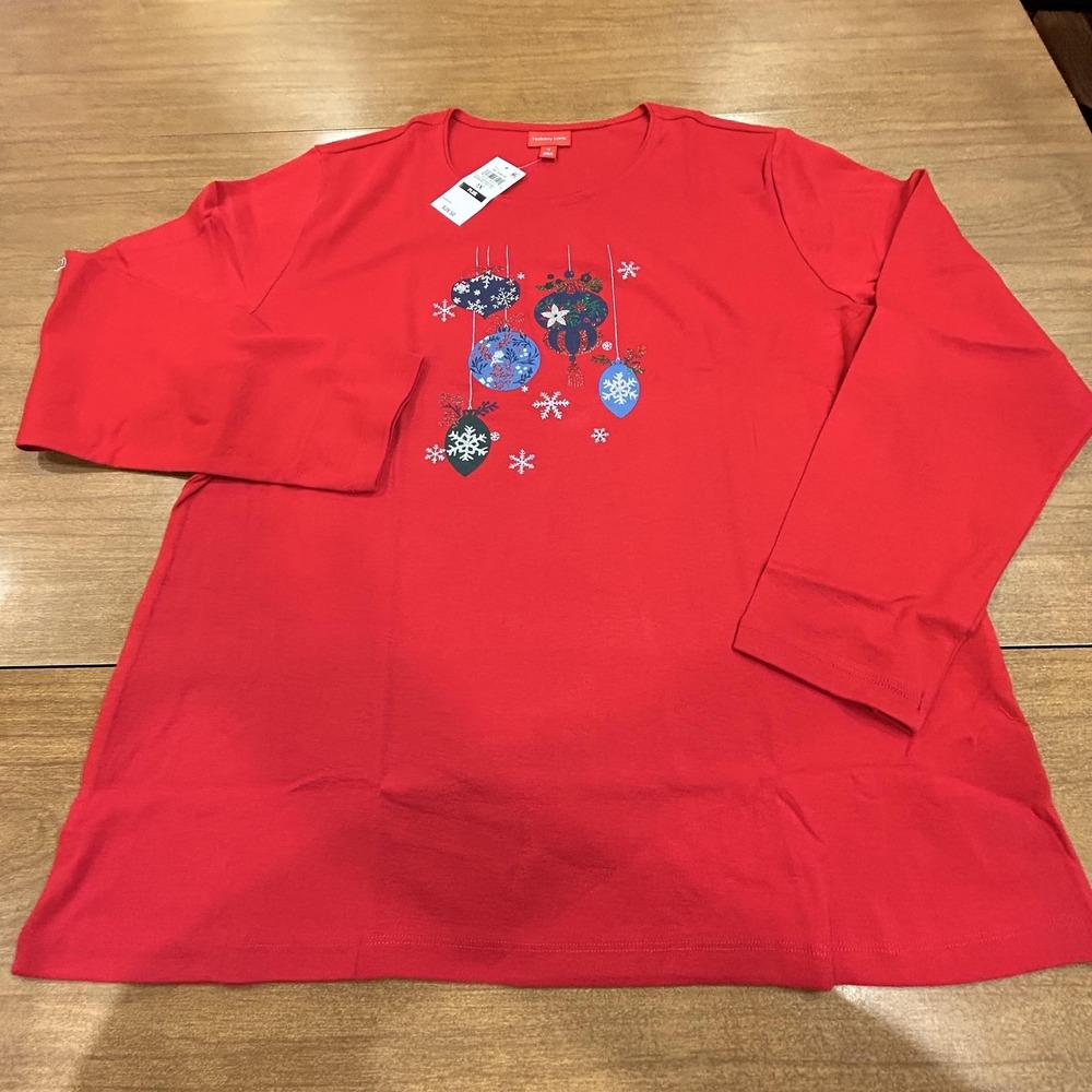 Holiday Lane Shirt Womens Plus 1X Red Christmas Ornament Glitter L/S Snow NWT